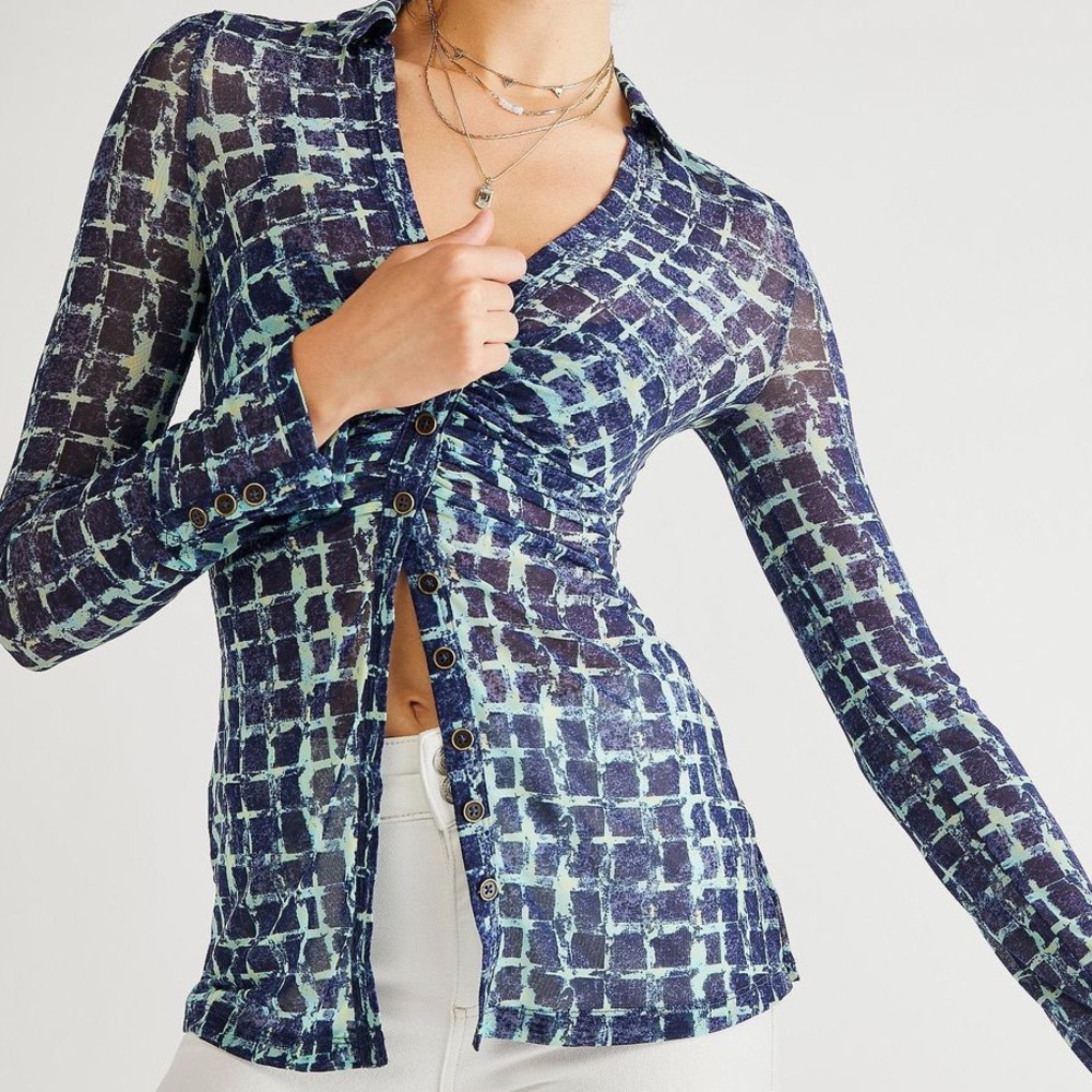 Free People Lucky Mesh Shirtee Button Up Top in Blue Combo Size XS